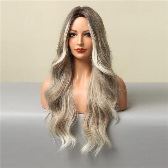 Women's Ombre Ash Blonde Wig Long Wavy Synthetic Wig, 26Inch - Picture 3 of 7